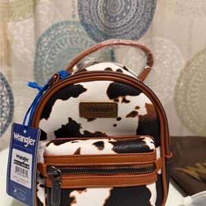 Wrangler Cow-Spot Mini Backpack in White, Brown & Black